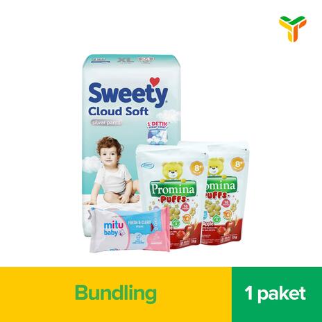 BELI 1 PCS SWEETY SILVER PANTS XL24 + 1 PCS MITU BABY WIPES FRESH N CLEAN PINK 40S BANDED + 2 PCS PROMINA PUFF STRWBERRY APPLE 15G HARGA SPESIAL RP 60000