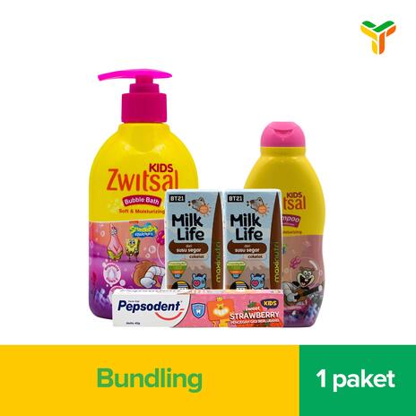 BELI 1 PCS ZWITSAL KID BATH PINK 280ML + 1 PCS ZWITSAL KID SHP PINK 180ML + 1 PCS PEPSODENT PG STRABERRY 50 GR + 2 PCS MILK LIFE UHT CHOCOLATE 200ML HARGA SPESIAL RP 60000